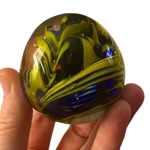 Art glass, vintage paperweight with Blue/BlackYellow orange flecks